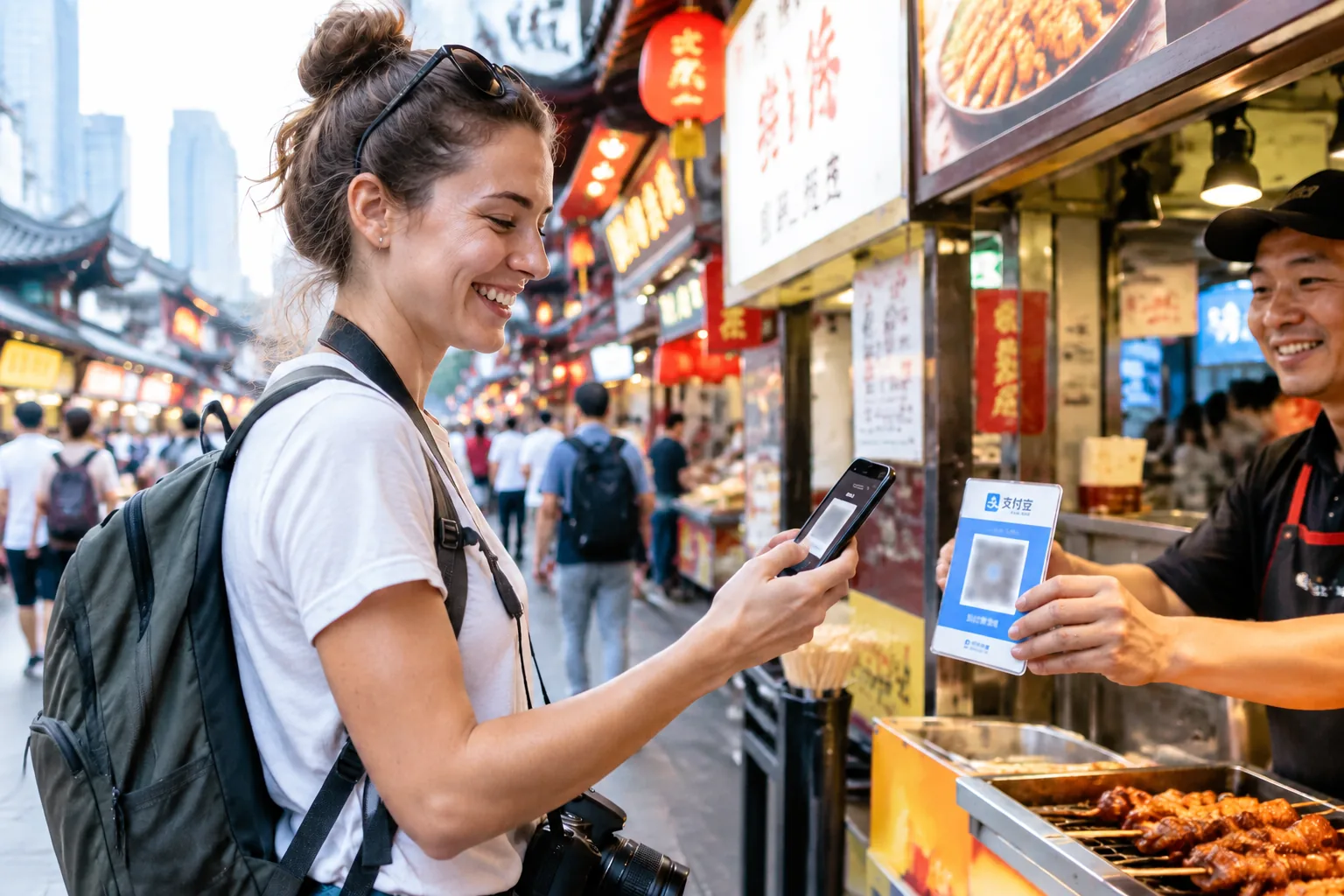 Foreign tourist using mobile payment in China